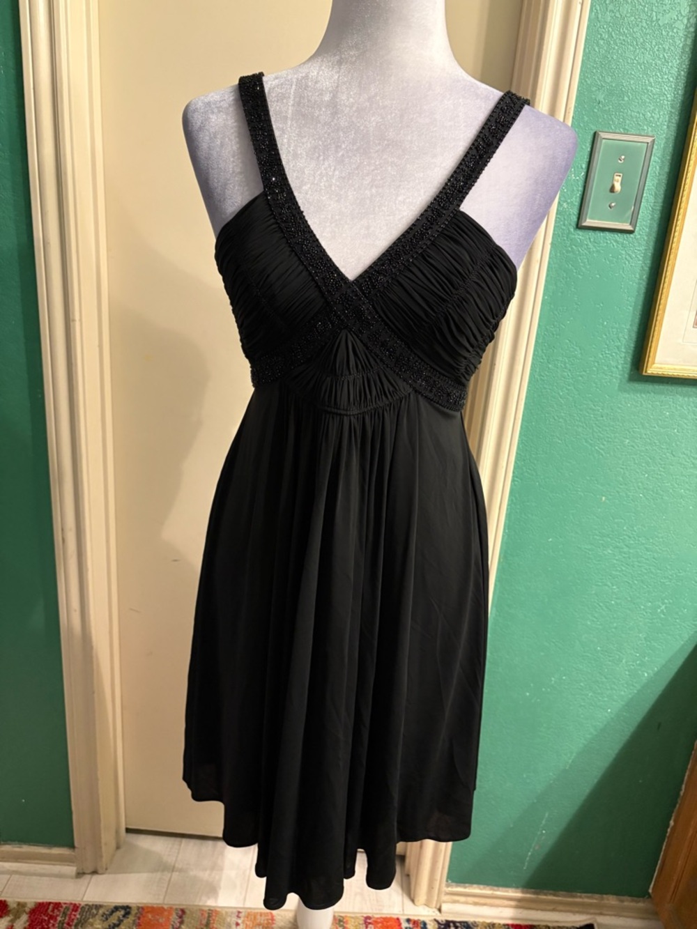 BCBGMaxAzria Black Beaded-Strap Empire Waist Dress